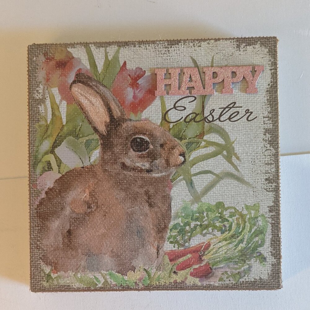 NWT 'Happy Easter' Bunny Rustic Canvas Sign Farmhouse Home Decor Cute Rabbit NEW